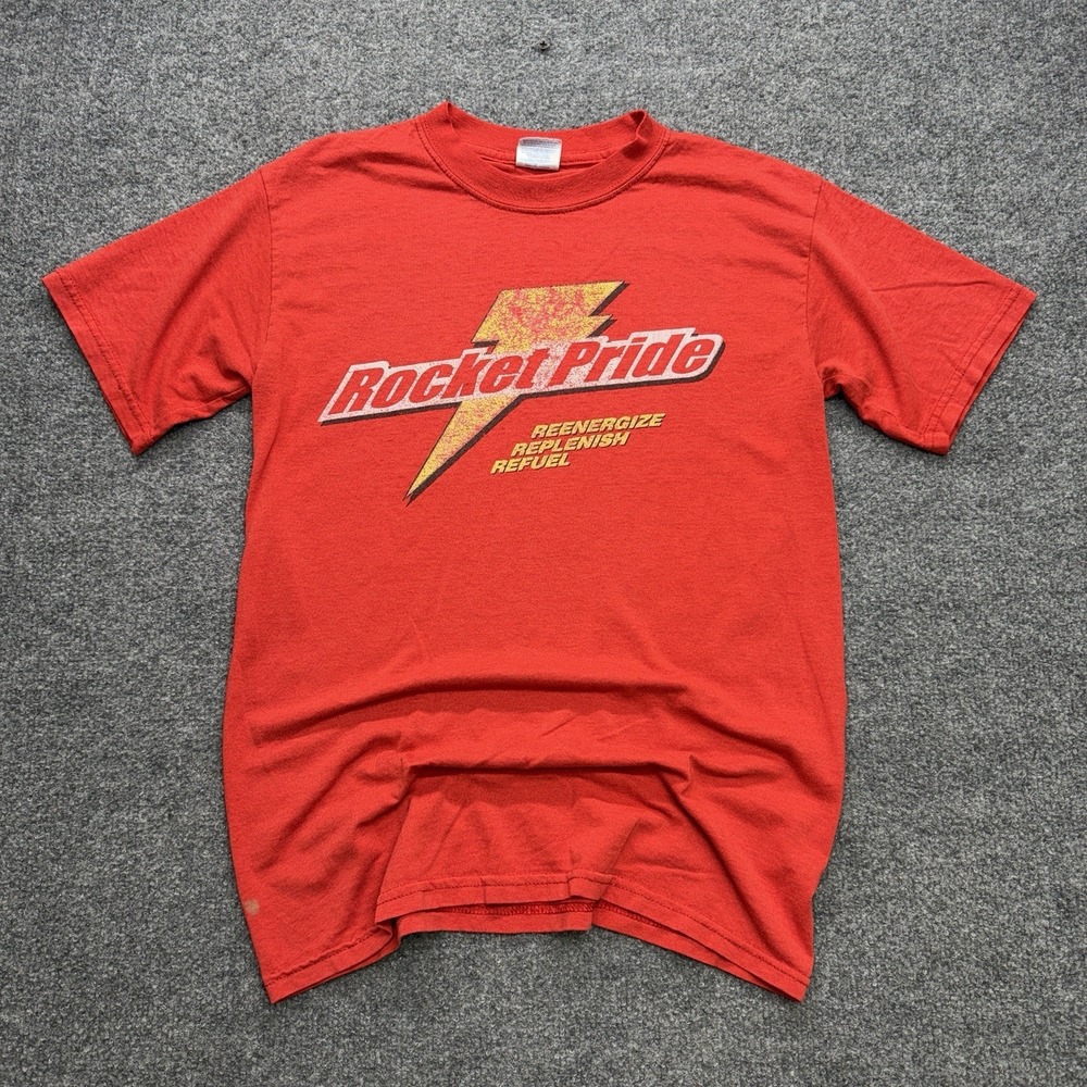 Vintage Gildan Funny T Shirt‎ Men's Size Small Rocket Pride Red/Yellow Faded